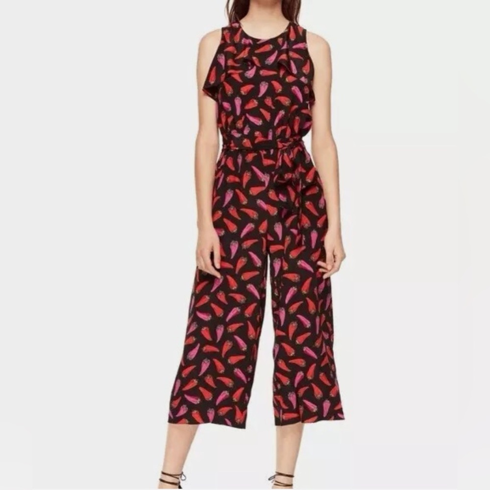 Kate Spade Silk Jumpsuit Hot Pepper Print Cropped Black Multicolor  Size 0
